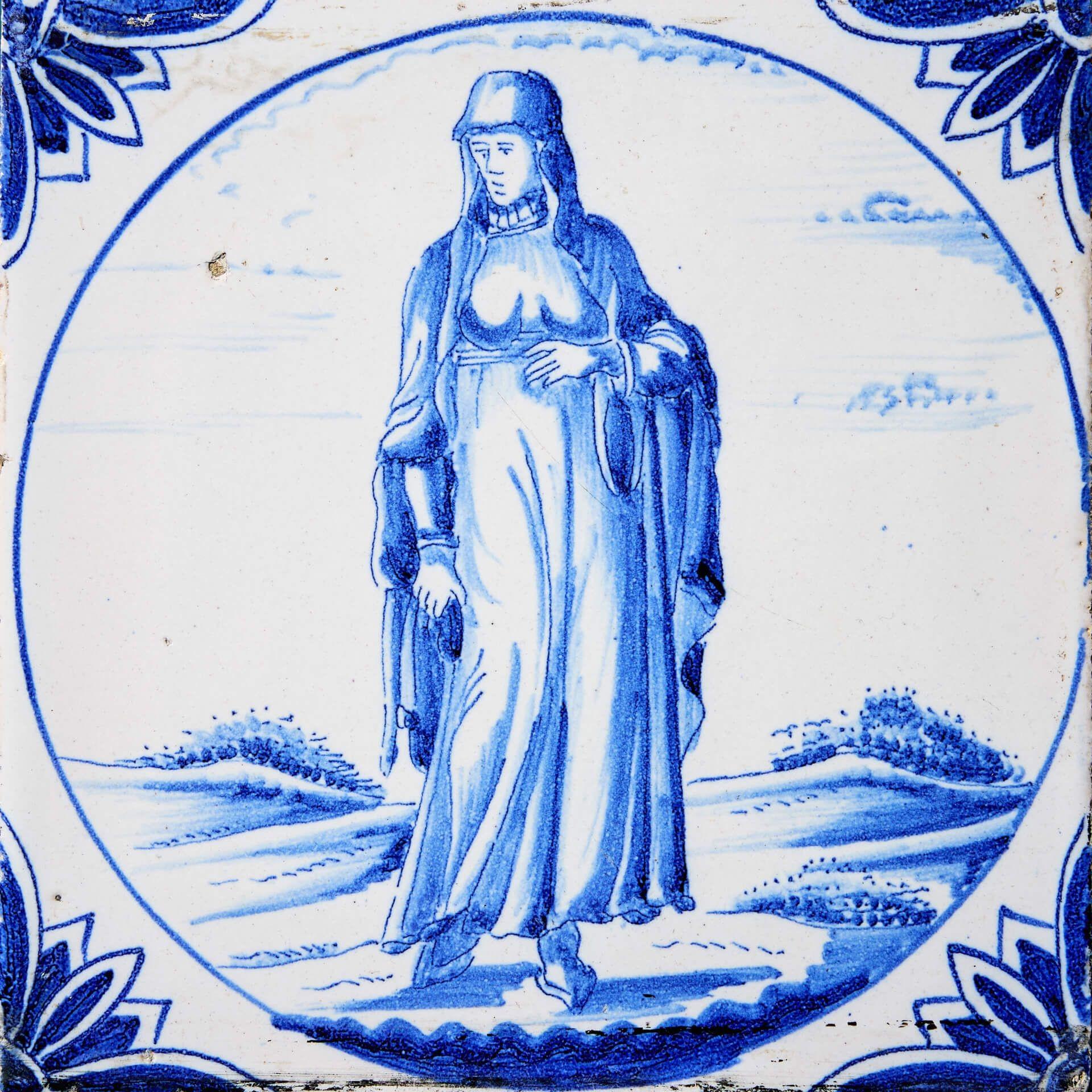 Un'antica piastrella di Delft raffigurante una donna in abito turco prodotta da Ravesteijn di Utrecht sulla base di un disegno originale del XVI secolo intitolato 