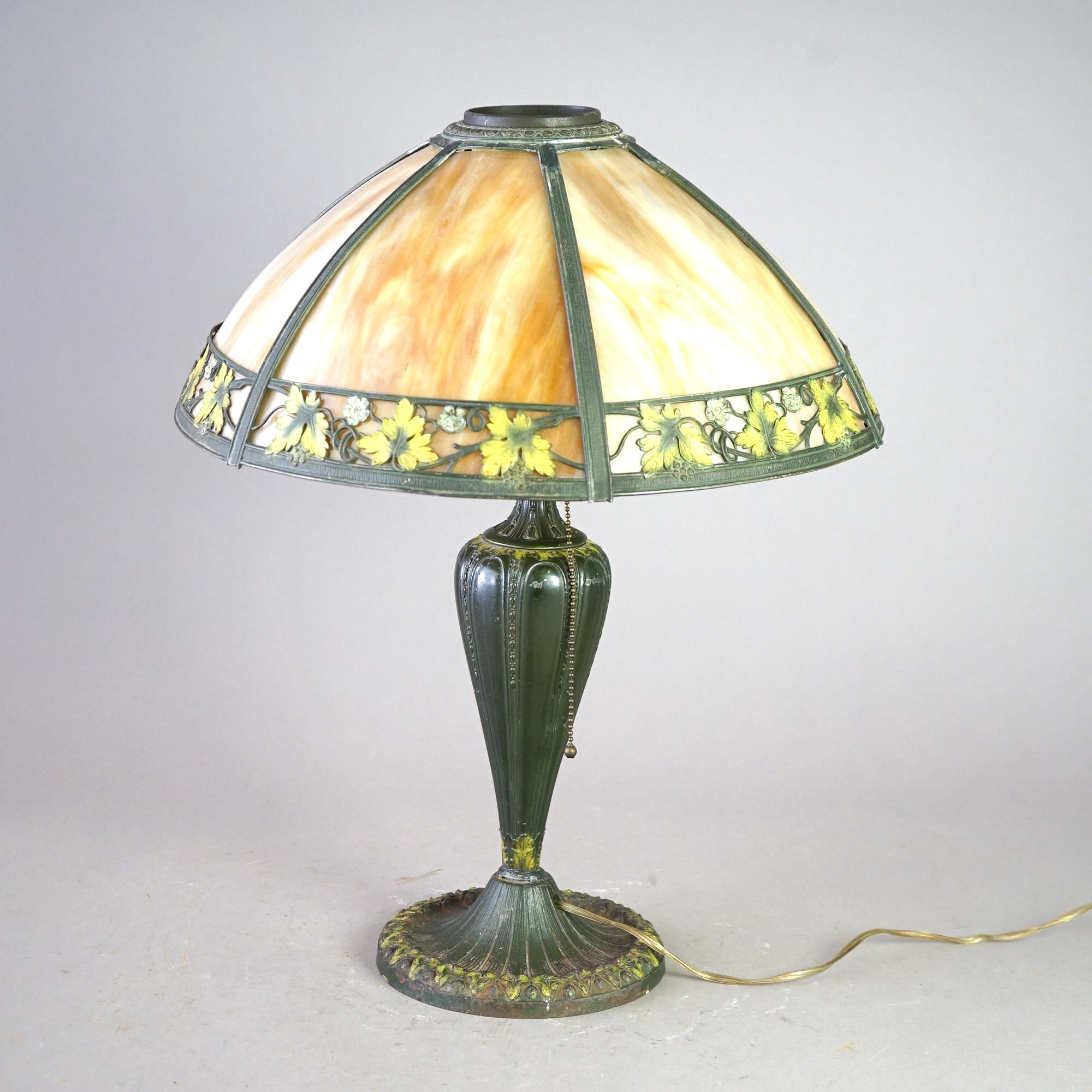 Cast Antique Raynaud Arts & Crafts Polychromed Slag Glass Lamp, Leaf & Berry, C1920