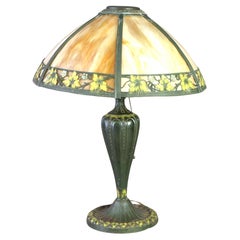 Antique Raynaud Arts & Crafts Polychromed Slag Glass Lamp, Leaf & Berry, C1920