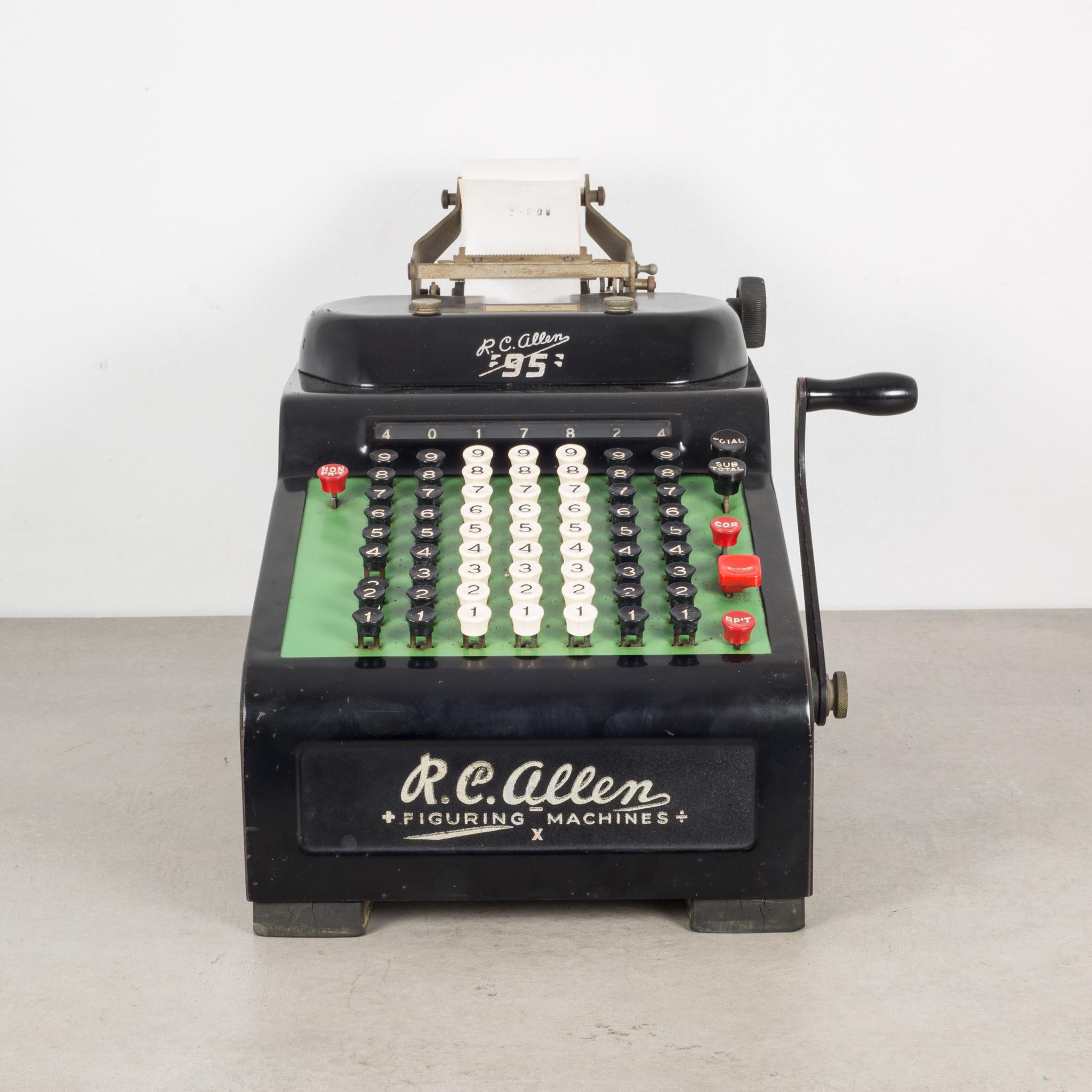 About:
The is an antique metal and Bakelite figuring (adding) machine by R.C. Allen, model 95. The body is Bakelite, metal, and wood on the handle. The lever pulls forward and back working the inner mechanisms but doesn't print on the paper. A