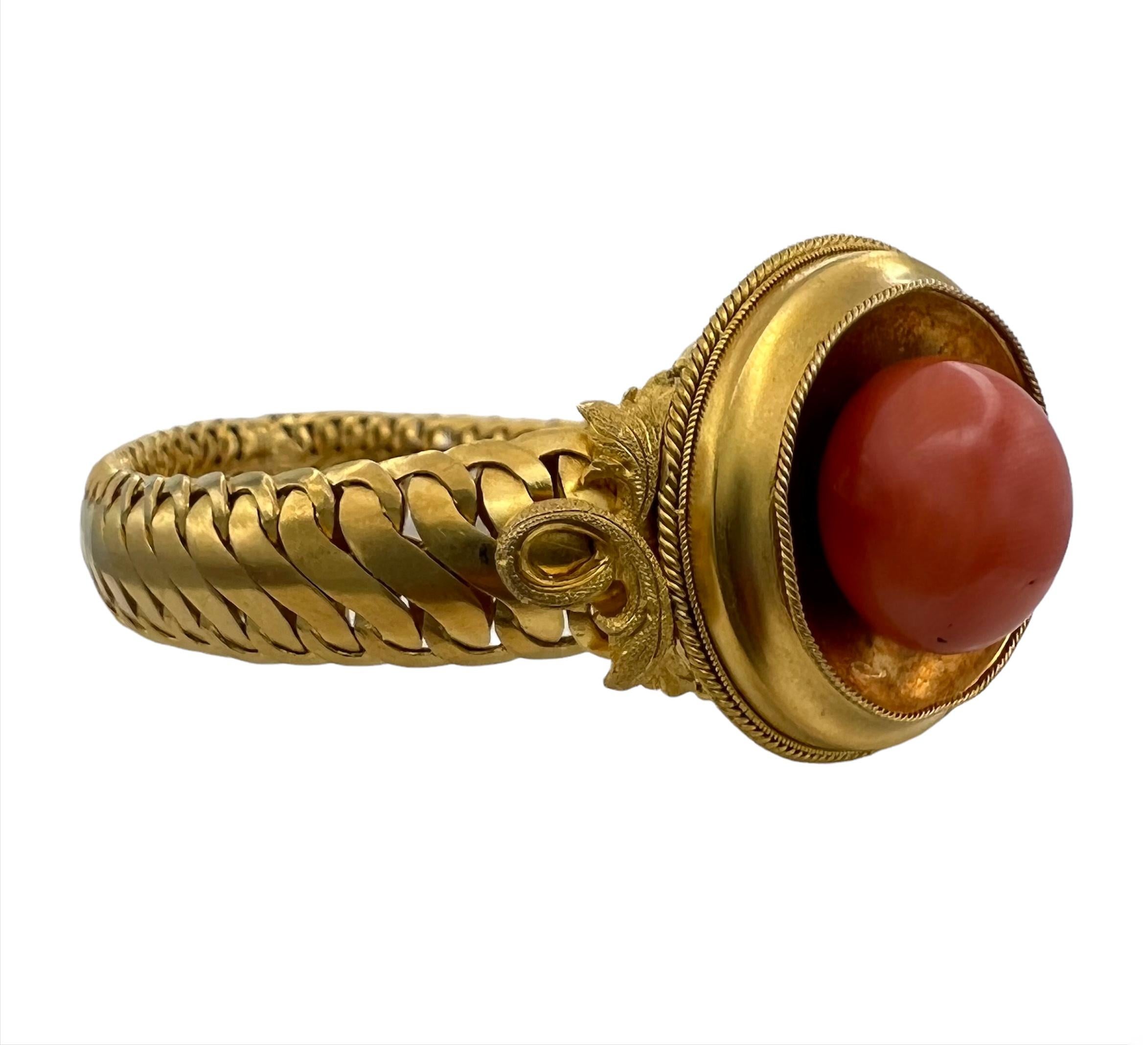 Cabochon Antique RD Coral & 14K Yellow Gold Bracelet  For Sale