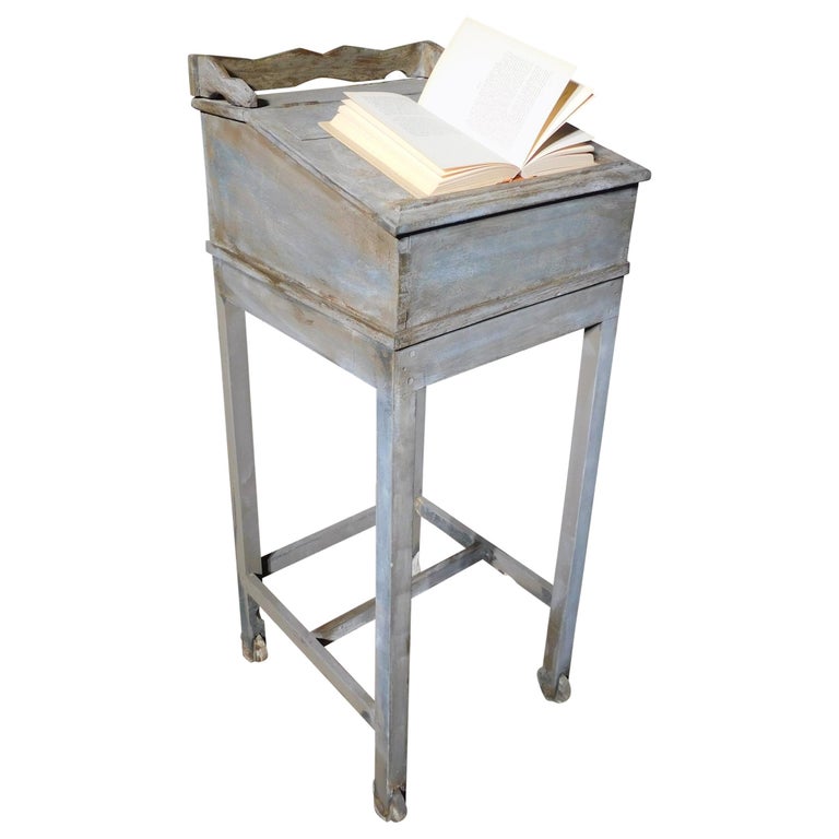 Antique Reading Desk Lectern in Gray Lacquered Wood, Inclined Drawer