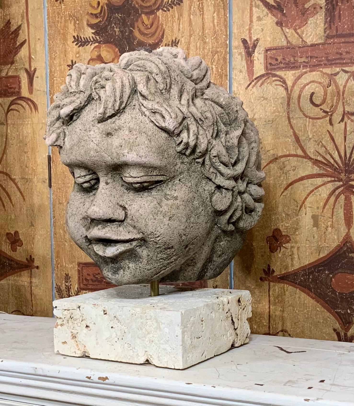 Antique Real Life Size Carved Sand Stone Cherub Head For Sale 4