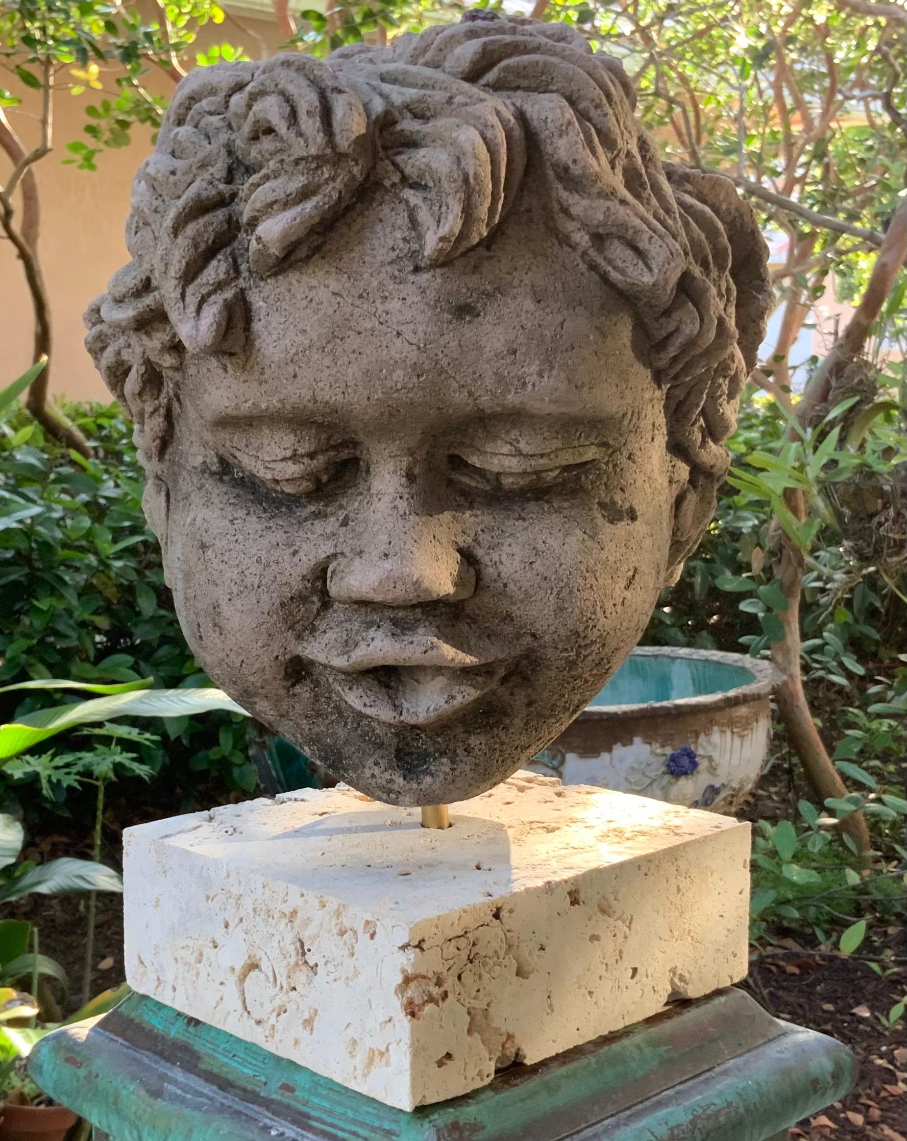 Antique Real Life Size Carved Sand Stone Cherub Head In Good Condition For Sale In Delray Beach, FL