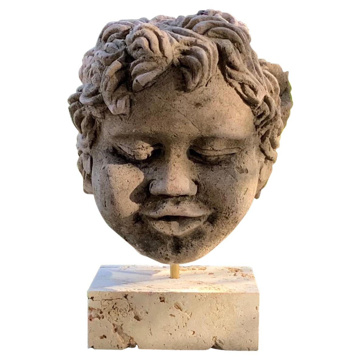 Antique Real Life Size Carved Sand Stone Cherub Head For Sale