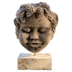 Antiquities Real Life Size Carved Sand Stone Cherub Head (Tête de chérubin sculptée en pierre de sable)