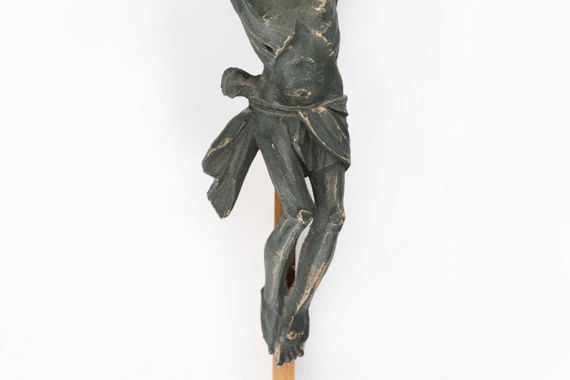 Hand-Carved Antique realistic wooden crucifix, France ca. 1850 For Sale