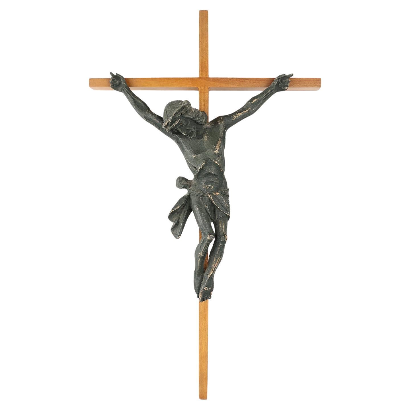 Antique realistic wooden crucifix, France ca. 1850