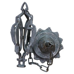 Antique Reclaimed Art Deco Cast Iron Caged Pendant Light Chain Filigree B.B. Co
