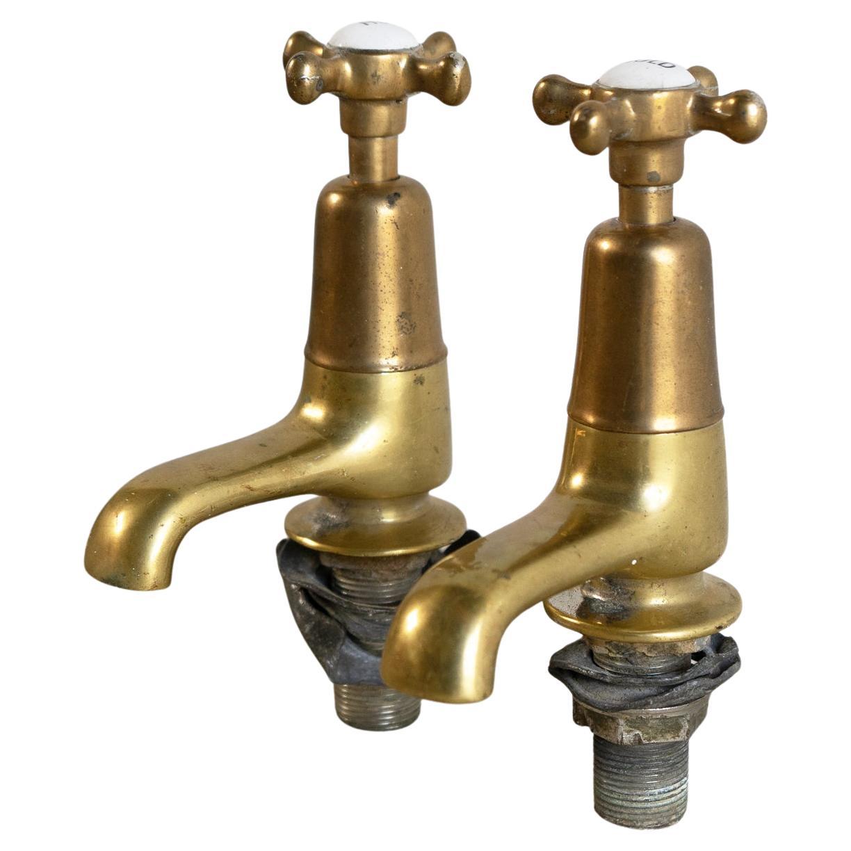 Antique Reclaimed Edwardian Brass & Porcelain Bath Taps By Fiddian, Early 20Th C