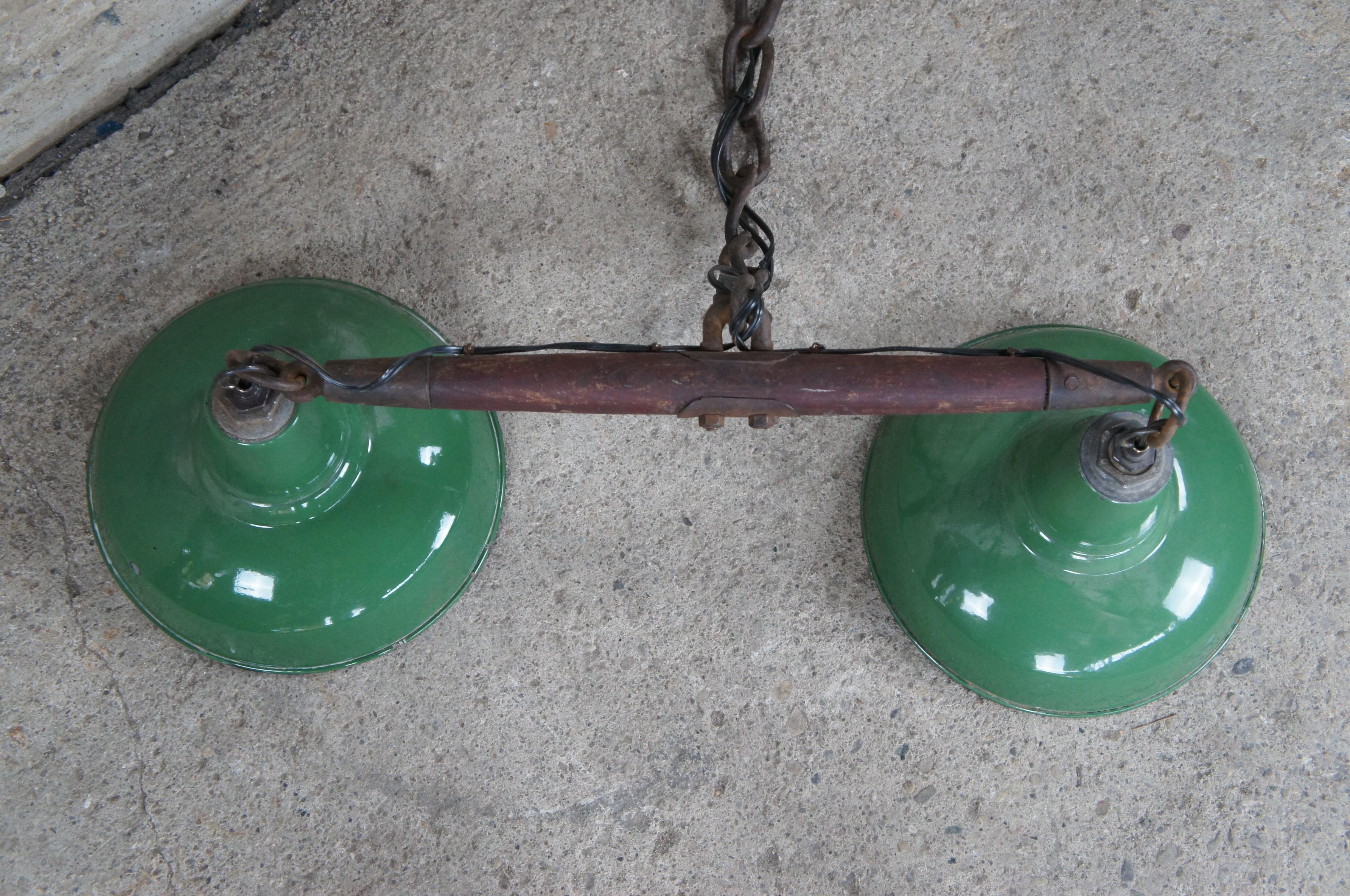 Antique Reclaimed Industrial Green Enameled Pendant POOL Light Horse Yoke In Good Condition For Sale In Dayton, OH