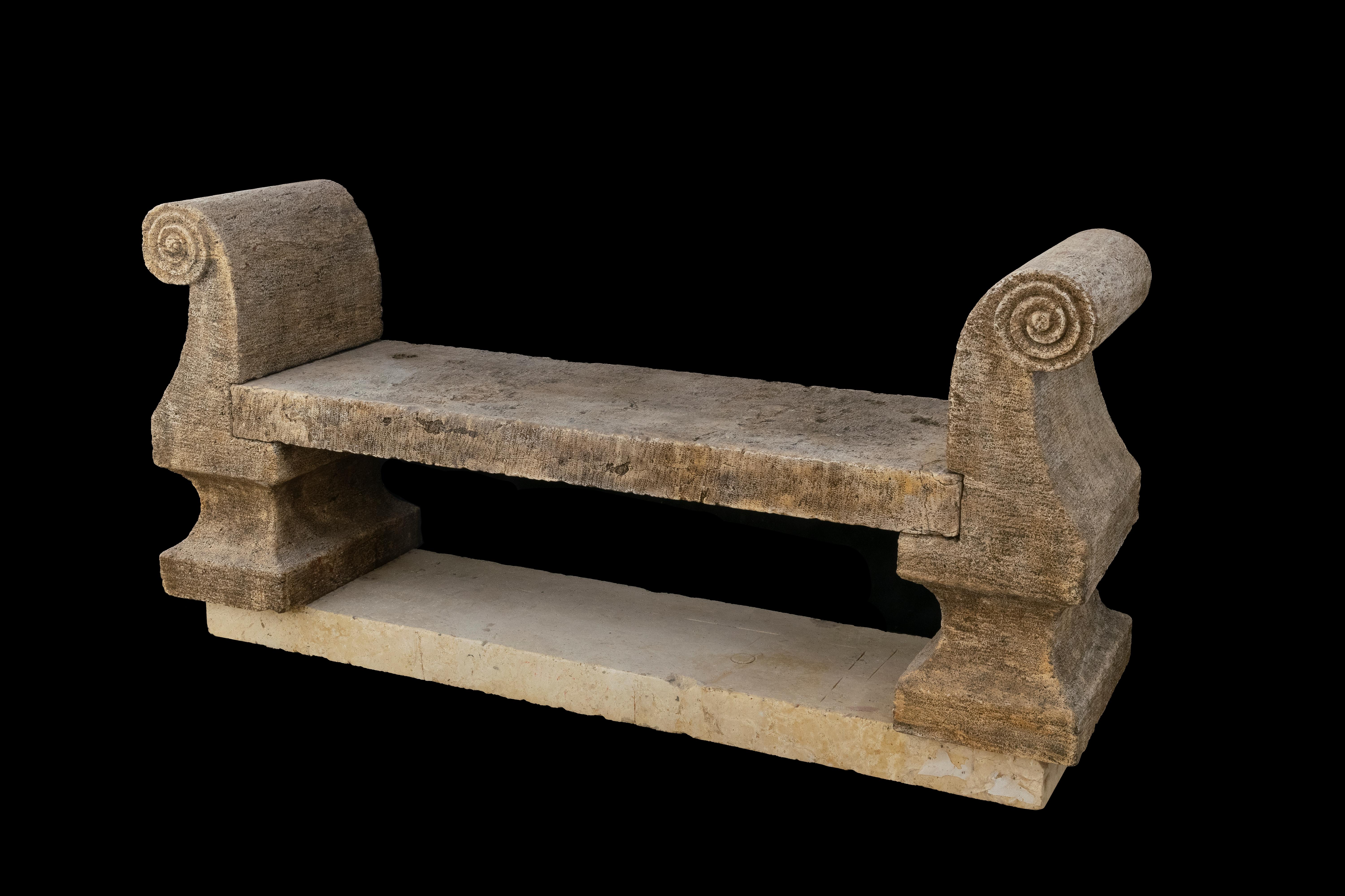 Hand-Carved Antique Reclaimed Limestone Bench