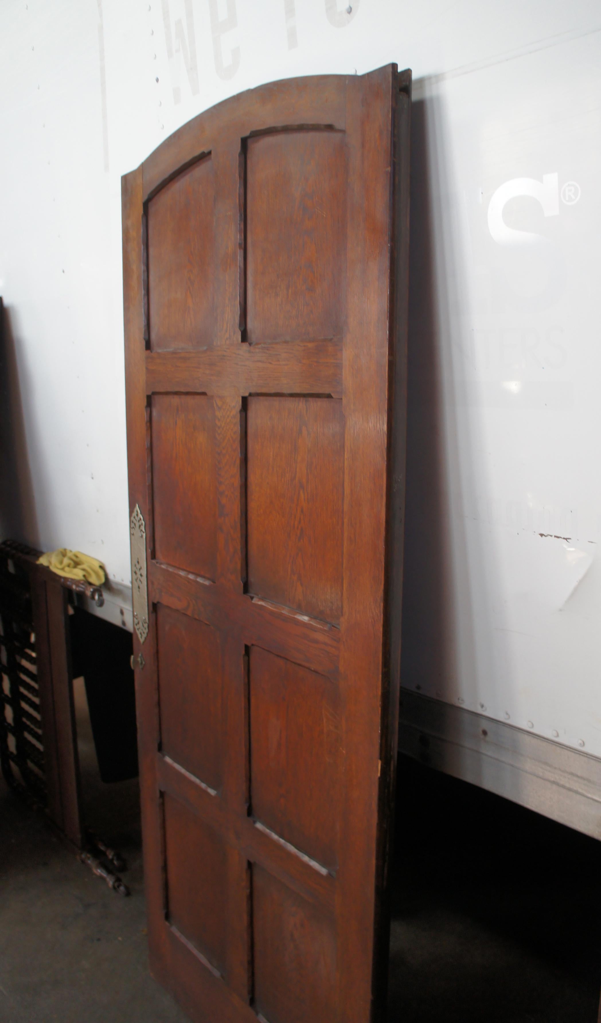 Antique Reclaimed Spanish Revival Solid Oak Arched Swinging Panel Door 6