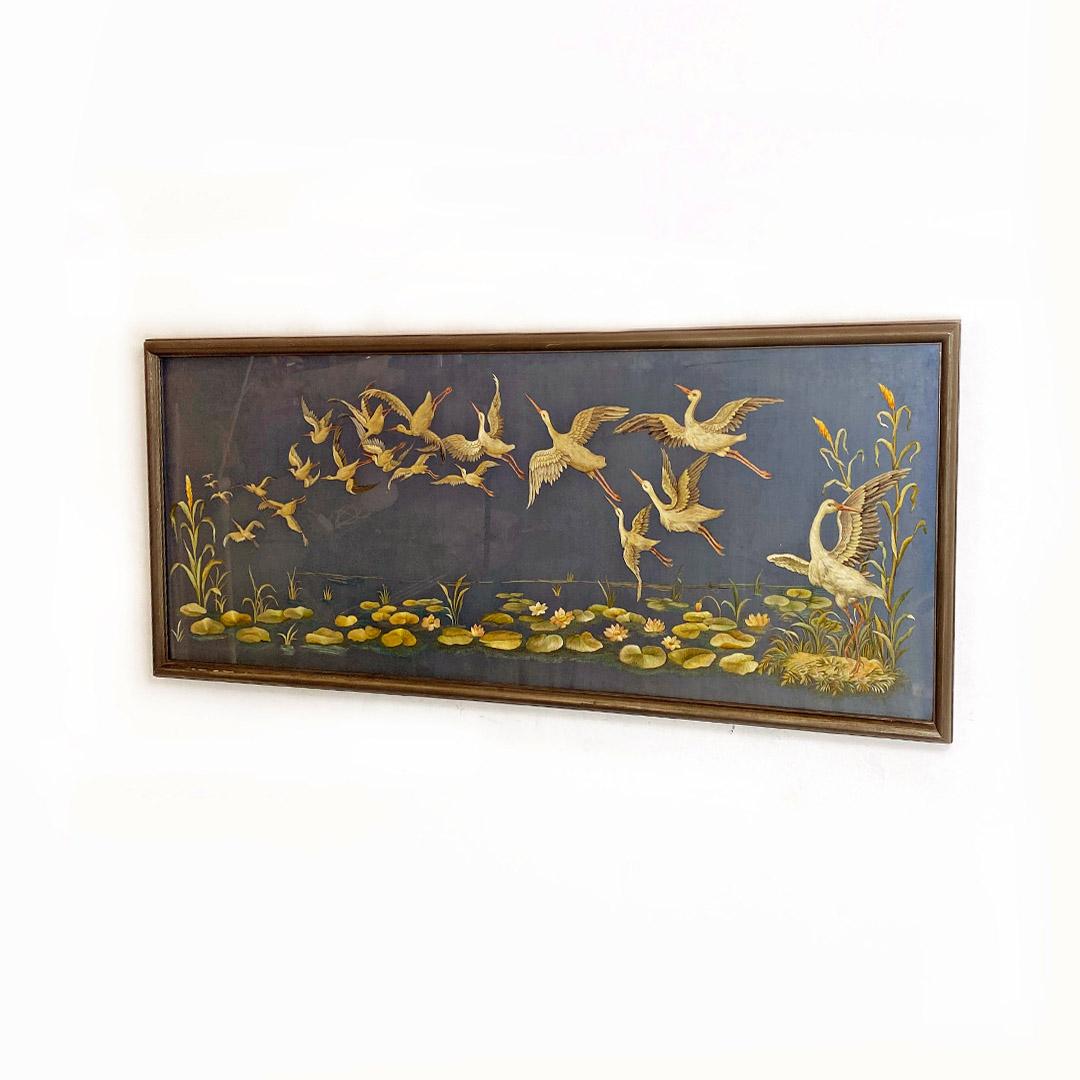 Antique rectangular canvas with storks embroidery and oriental landscape, 1800s
Rectangular frame with wooden and plaster frame. Embroidered and depicting storks in a landscape with water lilies, with oriental references.
Dating back to the end of