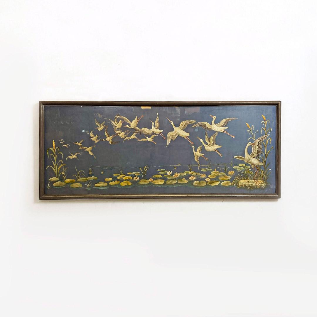 Japonisme Antique Rectangular Canvas with Storks Embroidery and Oriental Landscape, 1800s For Sale