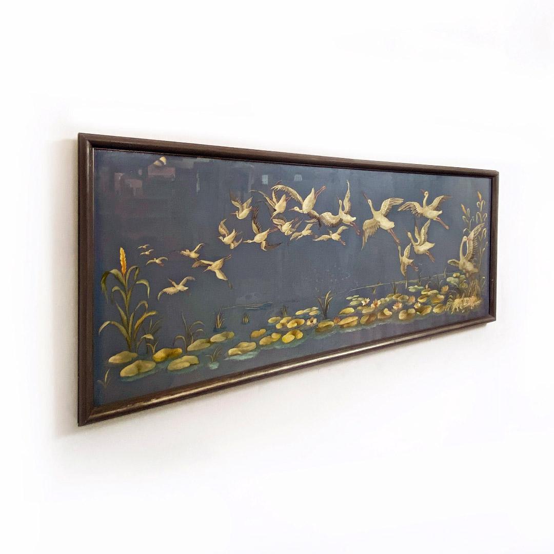 Asian Antique Rectangular Canvas with Storks Embroidery and Oriental Landscape, 1800s For Sale