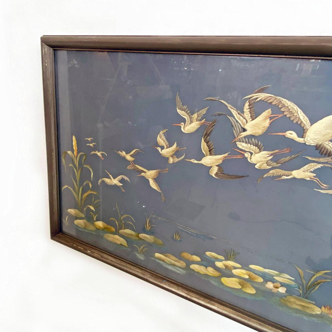 Antique Rectangular Canvas with Storks Embroidery and Oriental Landscape, 1800s In Good Condition In MIlano, IT