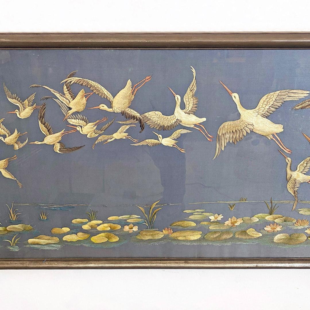 Late 19th Century Antique Rectangular Canvas with Storks Embroidery and Oriental Landscape, 1800s For Sale