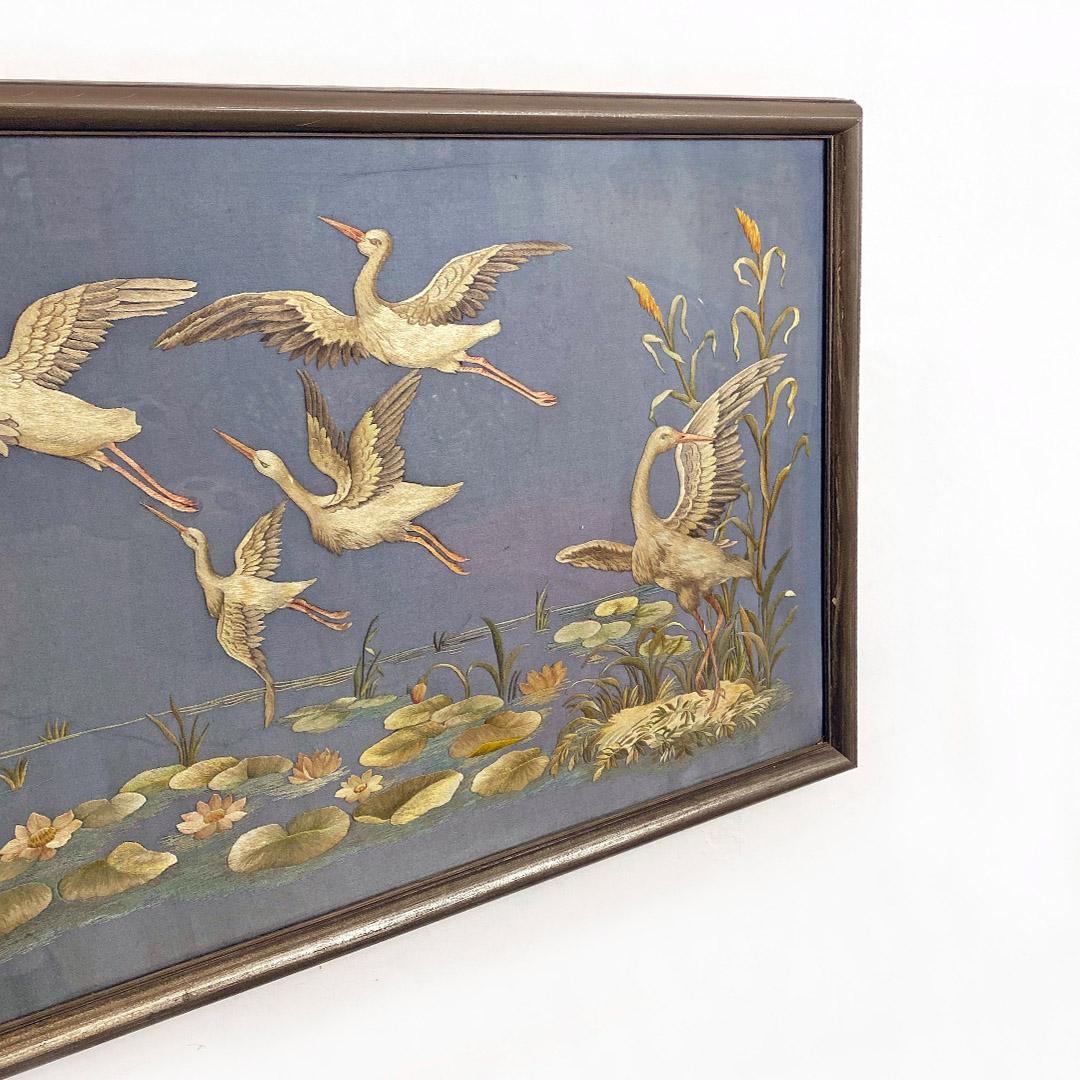 Fabric Antique Rectangular Canvas with Storks Embroidery and Oriental Landscape, 1800s