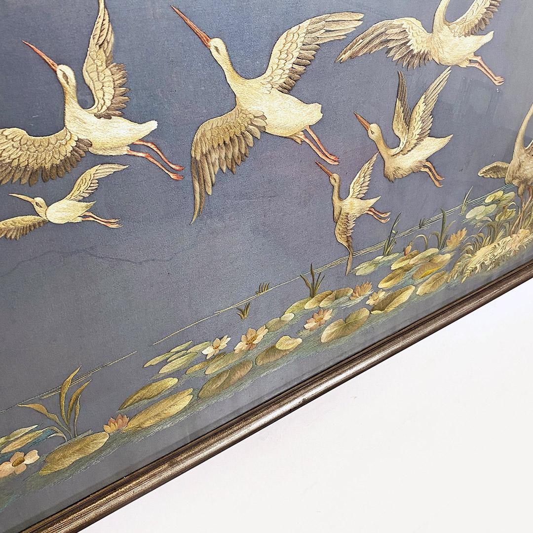 Antique Rectangular Canvas with Storks Embroidery and Oriental Landscape, 1800s For Sale 1