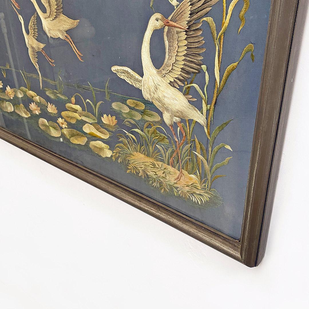 Antique Rectangular Canvas with Storks Embroidery and Oriental Landscape, 1800s 2