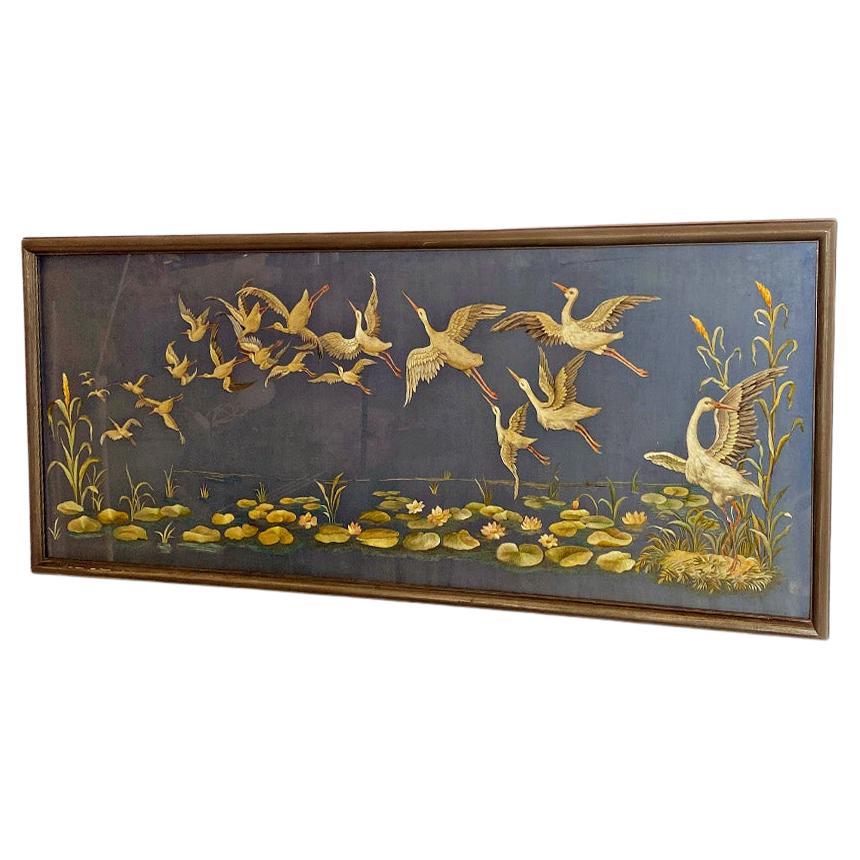 Antique Rectangular Canvas with Storks Embroidery and Oriental Landscape, 1800s For Sale