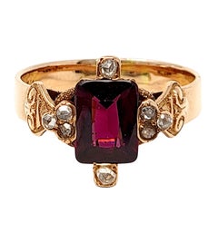Antique Rectangular Cut Garnet and Rose Cut Diamond Band Ring 14 Karat Rose Gold