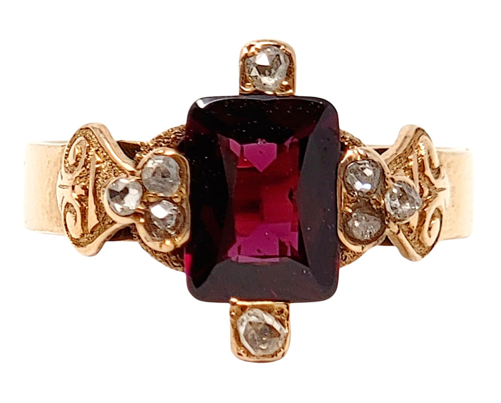 Edwardian Antique Rectangular Cut Garnet and Rose Cut Diamond Band Ring 14 Karat Rose Gold