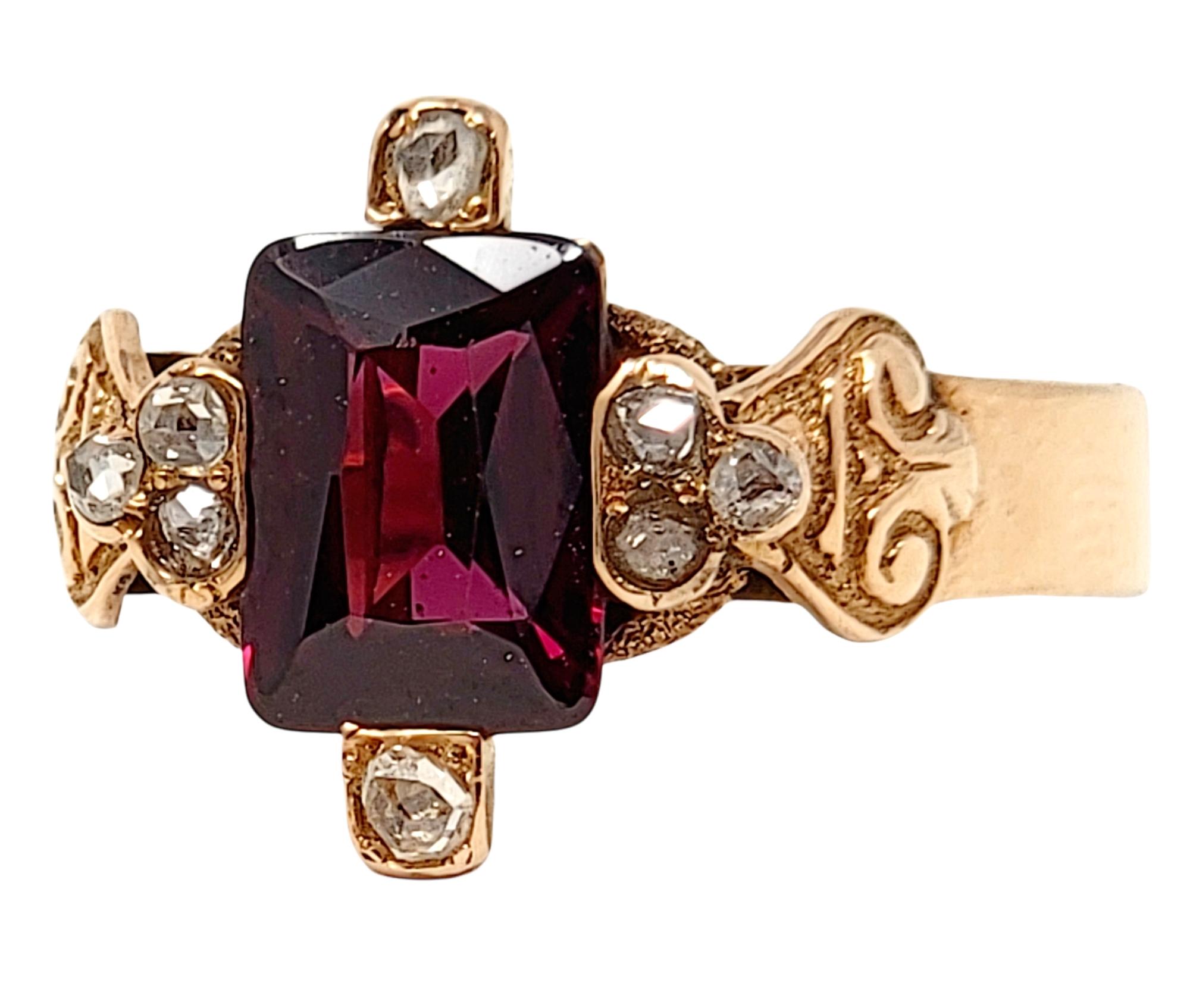 Emerald Cut Antique Rectangular Cut Garnet and Rose Cut Diamond Band Ring 14 Karat Rose Gold