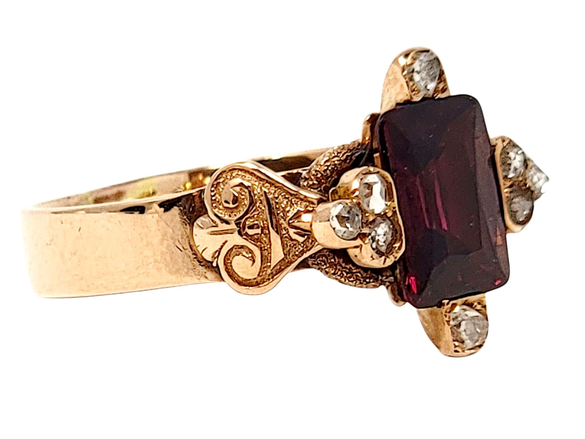 Antique Rectangular Cut Garnet and Rose Cut Diamond Band Ring 14 Karat Rose Gold In Good Condition In Scottsdale, AZ