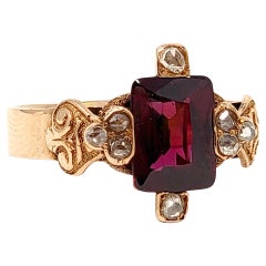 Antique Rectangular Cut Garnet and Rose Cut Diamond Band Ring 14 Karat Rose Gold