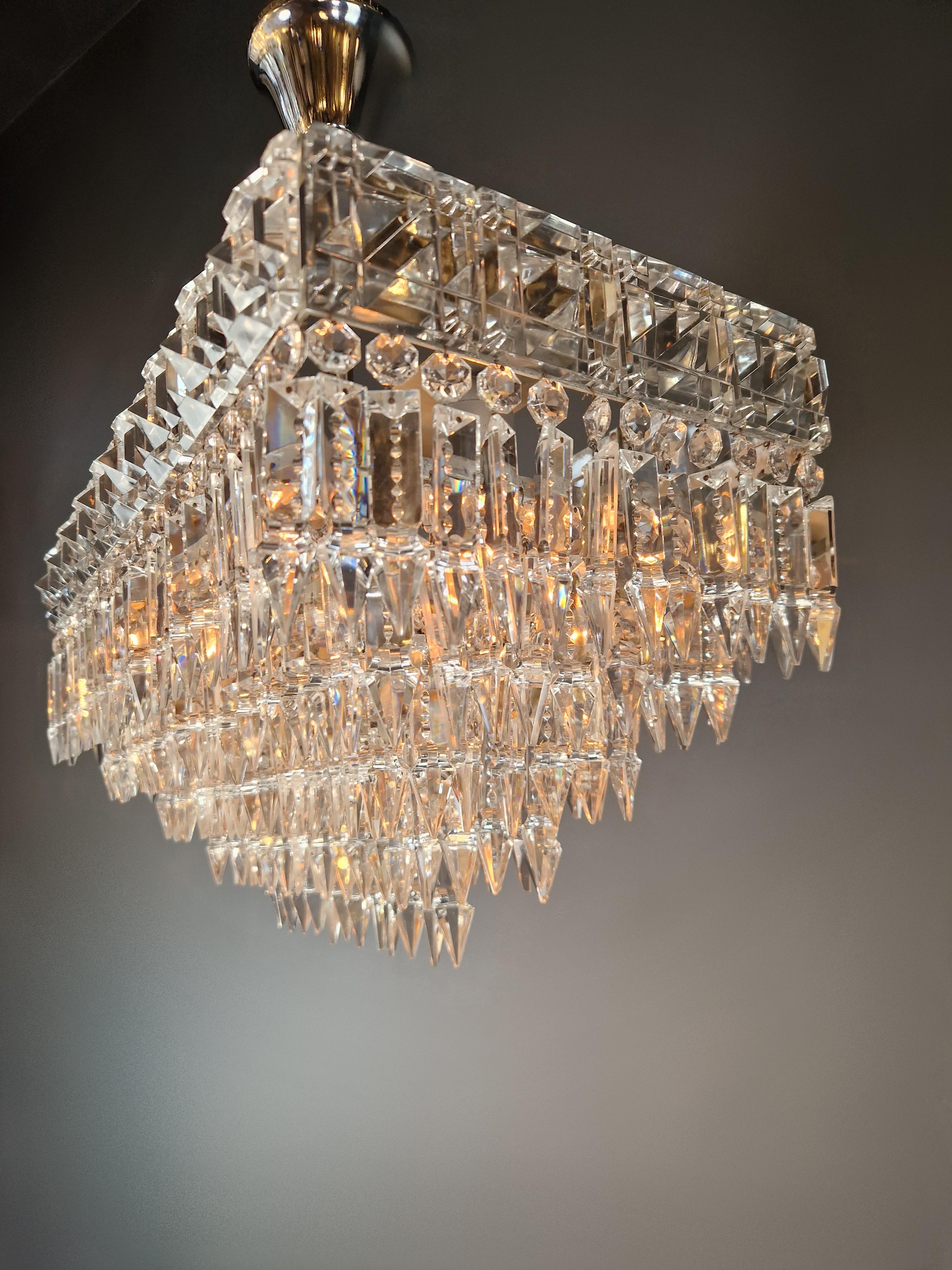Antique Rectangular Czech Chandelier Brass Silver Orginal Art Deco 5