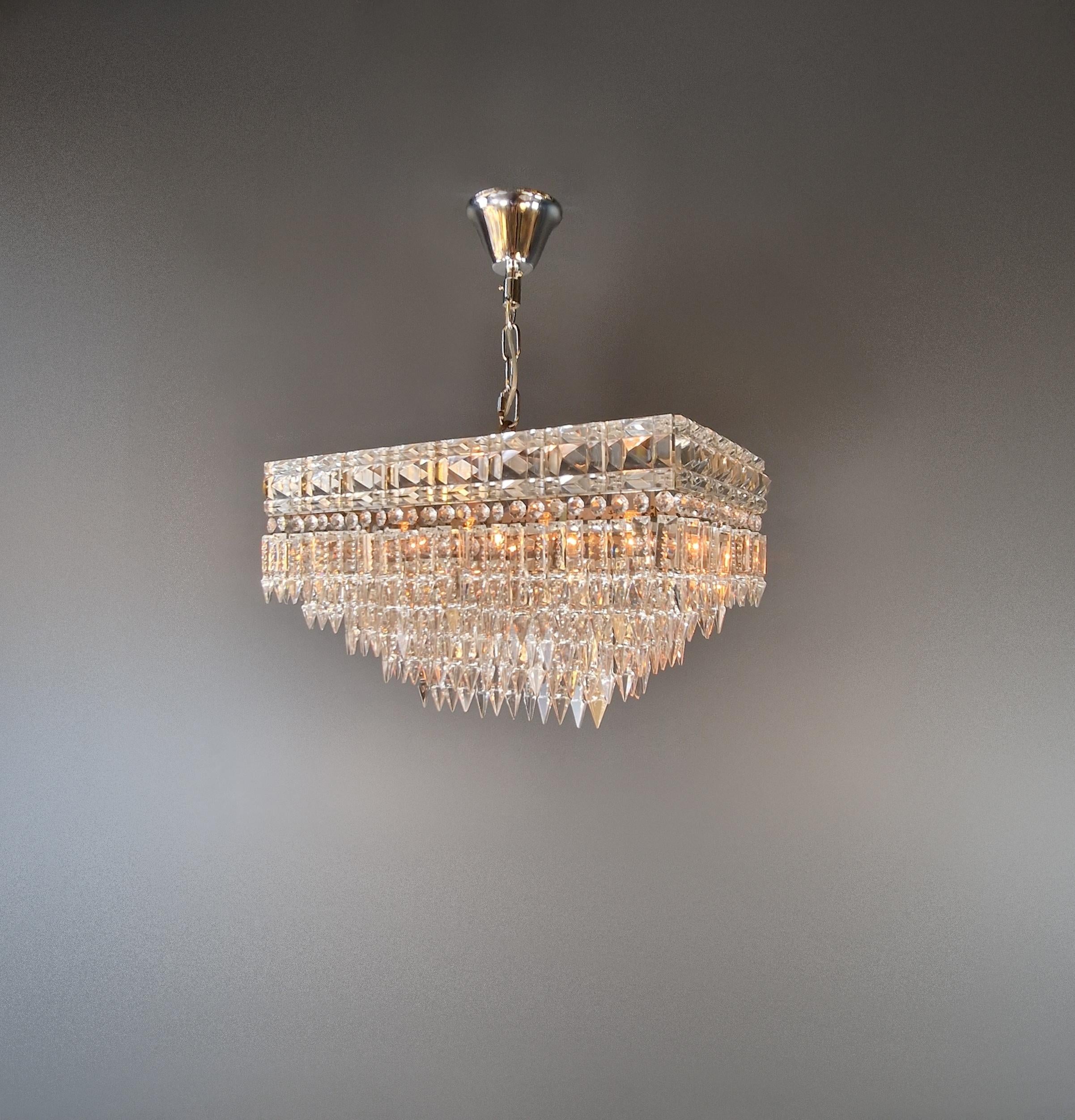 Mid-20th Century Antique Rectangular Czech Chandelier Brass Silver Orginal Art Deco