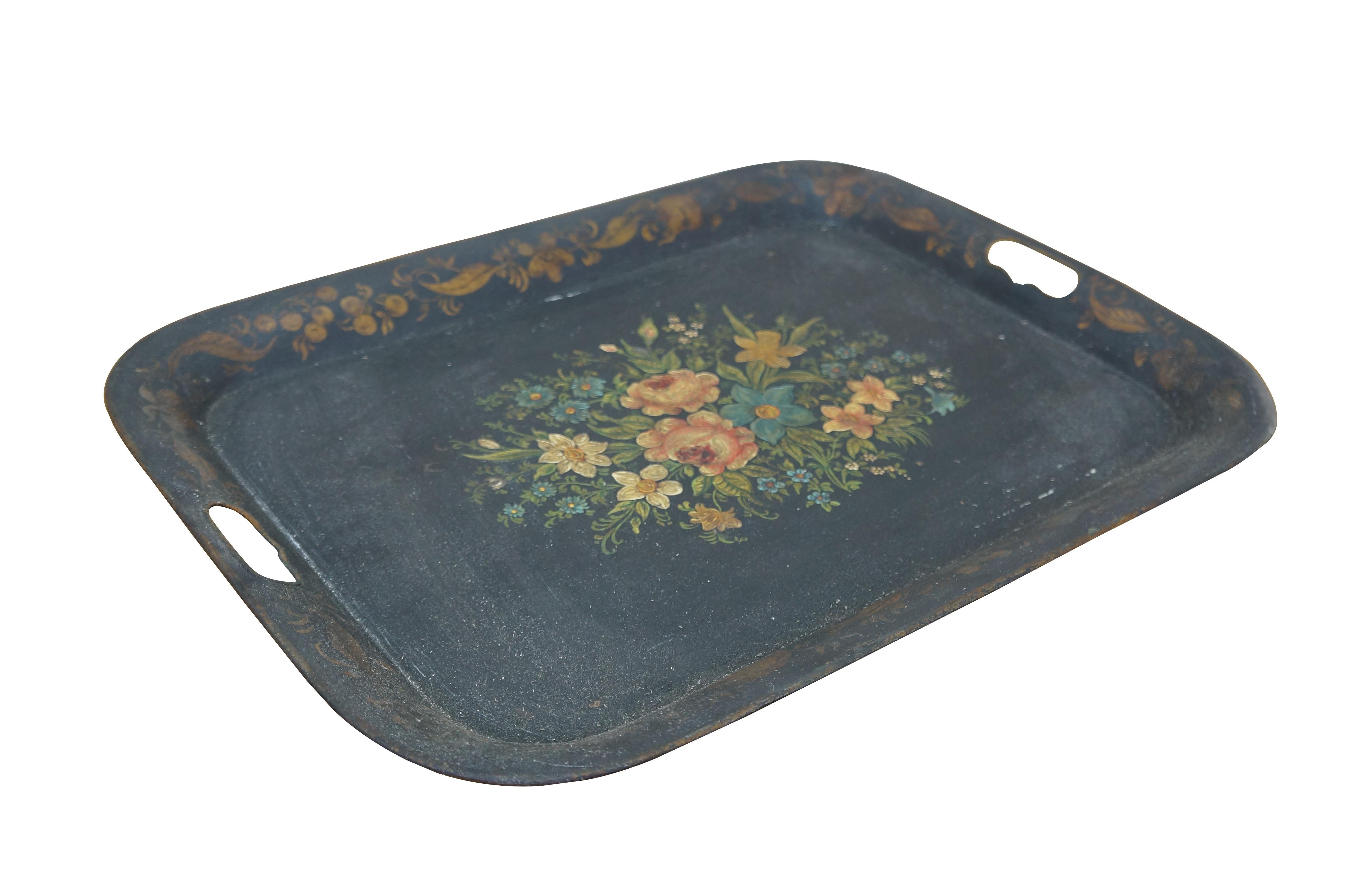 Victorien Antique Rectangular Painted Floral Toleware Tray Serving Platter w Handles 20