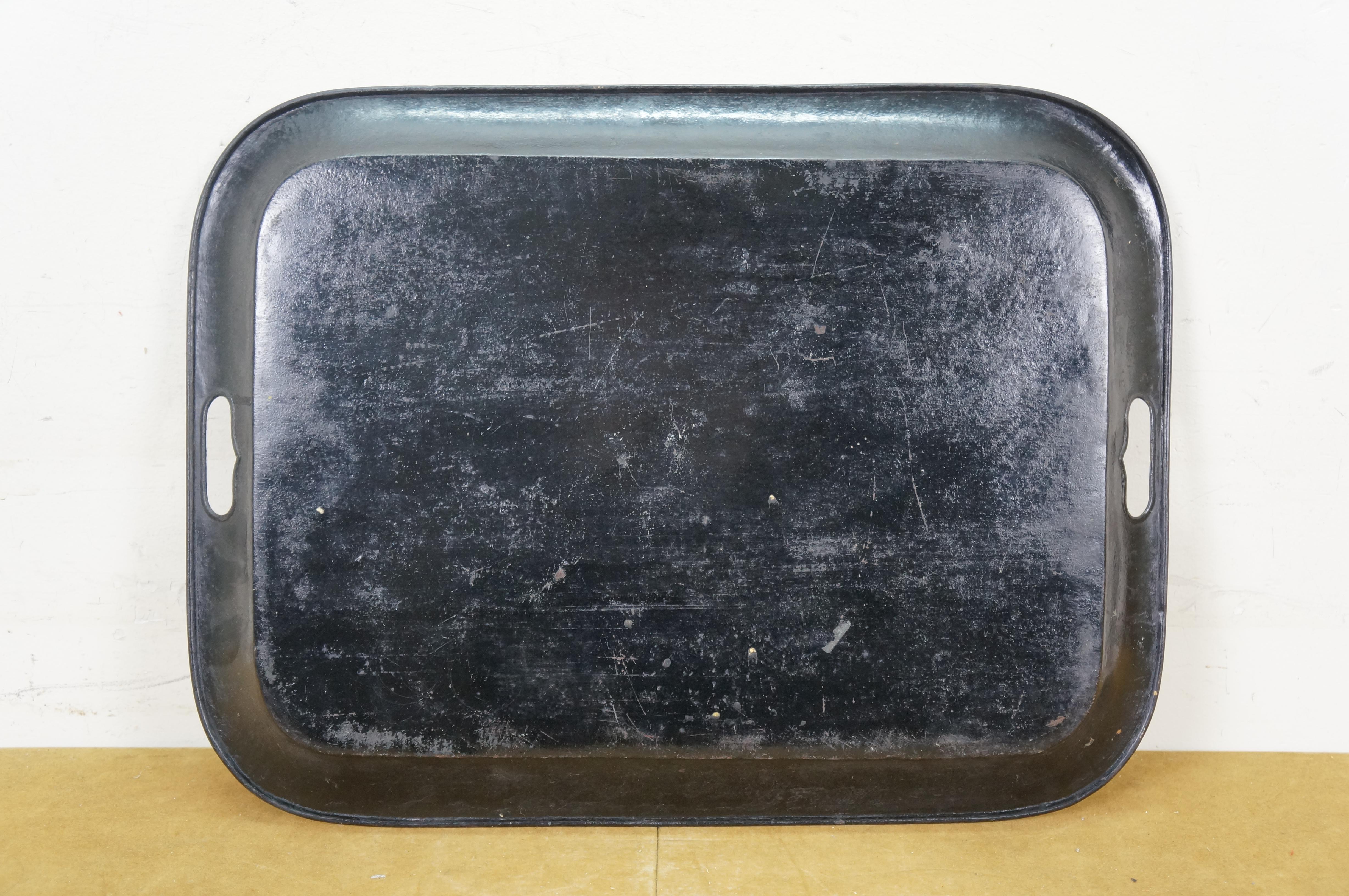Antique Rectangular Painted Floral Toleware Tray Serving Platter w Handles 20