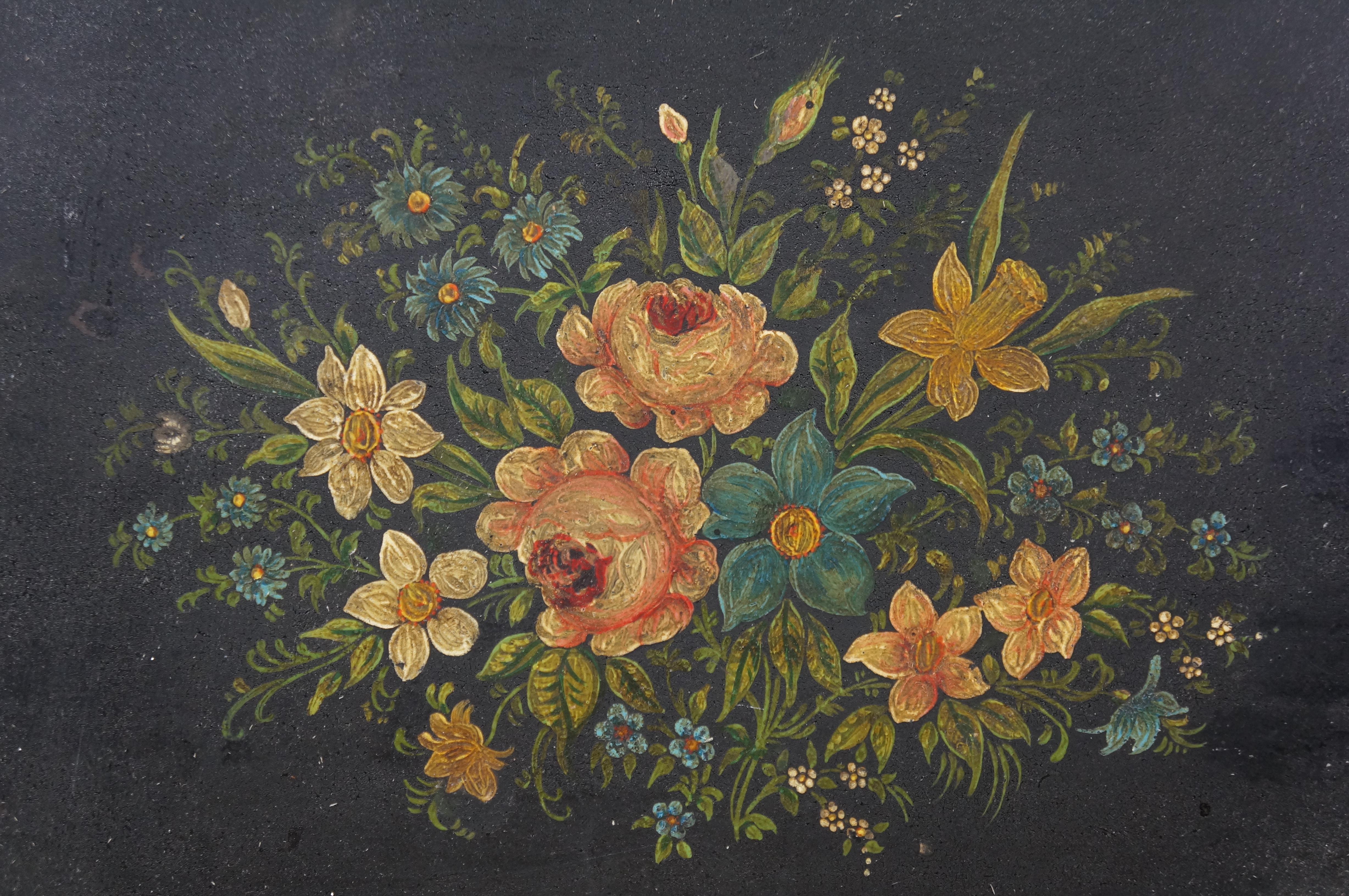 Antique Rectangular Painted Floral Toleware Tray Serving Platter w Handles 20