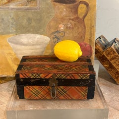 Antique Rectangular Plaid Wood Metal Small Trunk Trinket Box