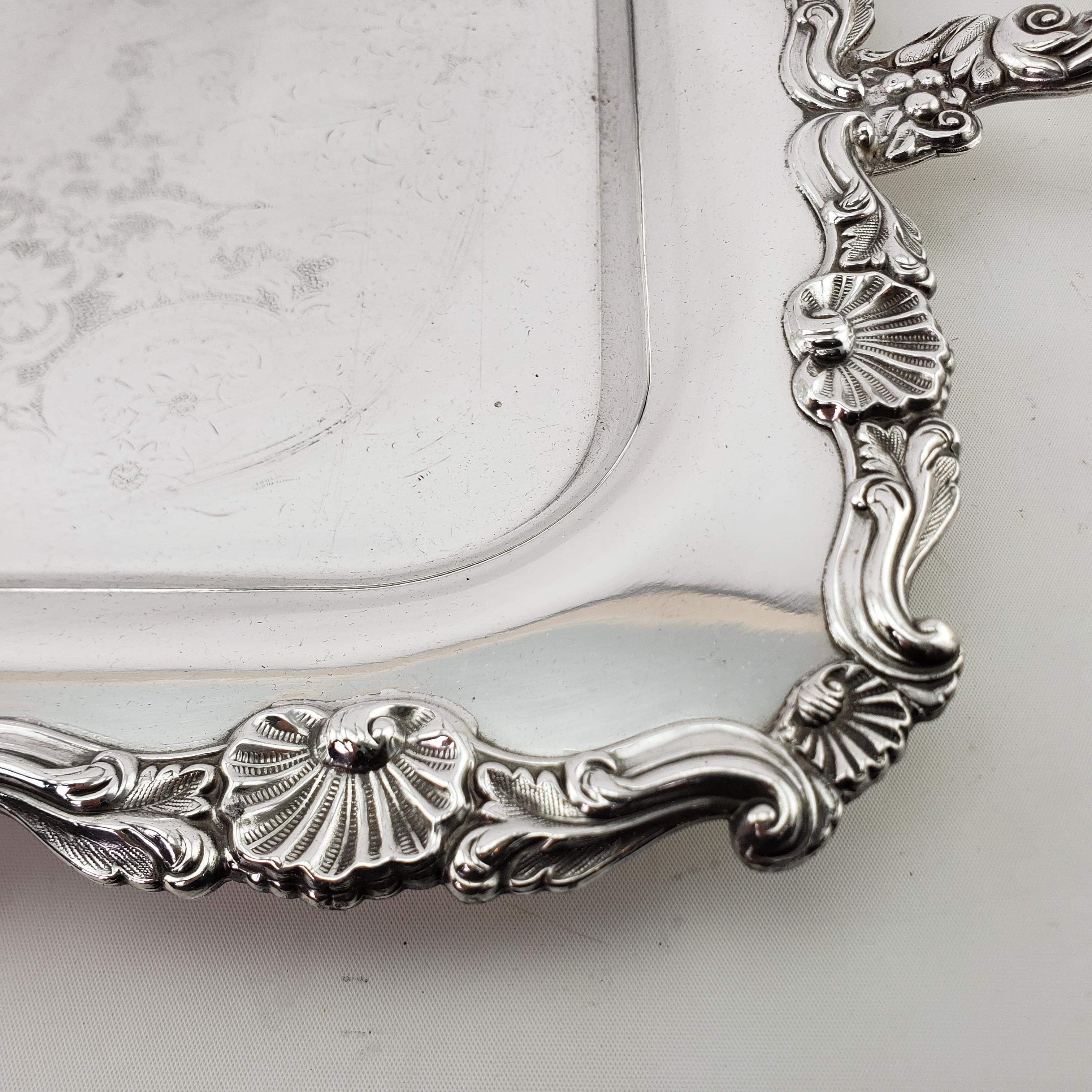 Antique Rectangular Silver Plated Serving Tray with Stylized Floral Decoration For Sale 2