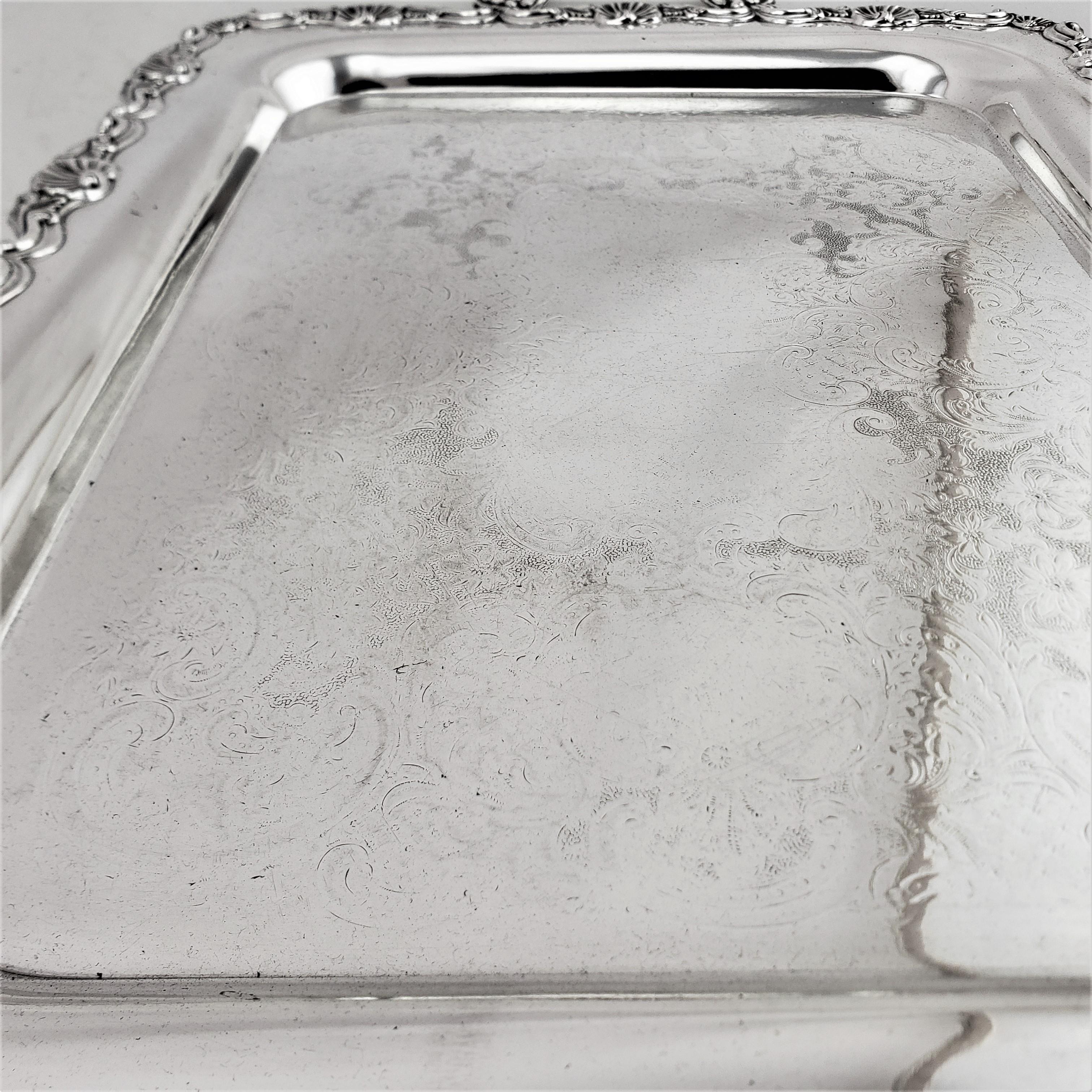 Antique Rectangular Silver Plated Serving Tray with Stylized Floral Decoration For Sale 3