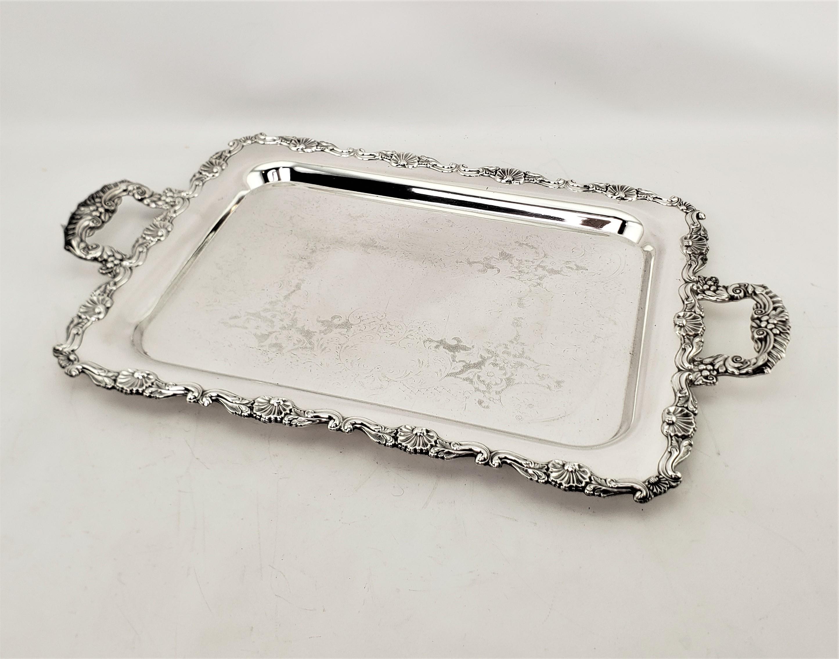 Antique Rectangular Silver Plated Serving Tray with Stylized Floral