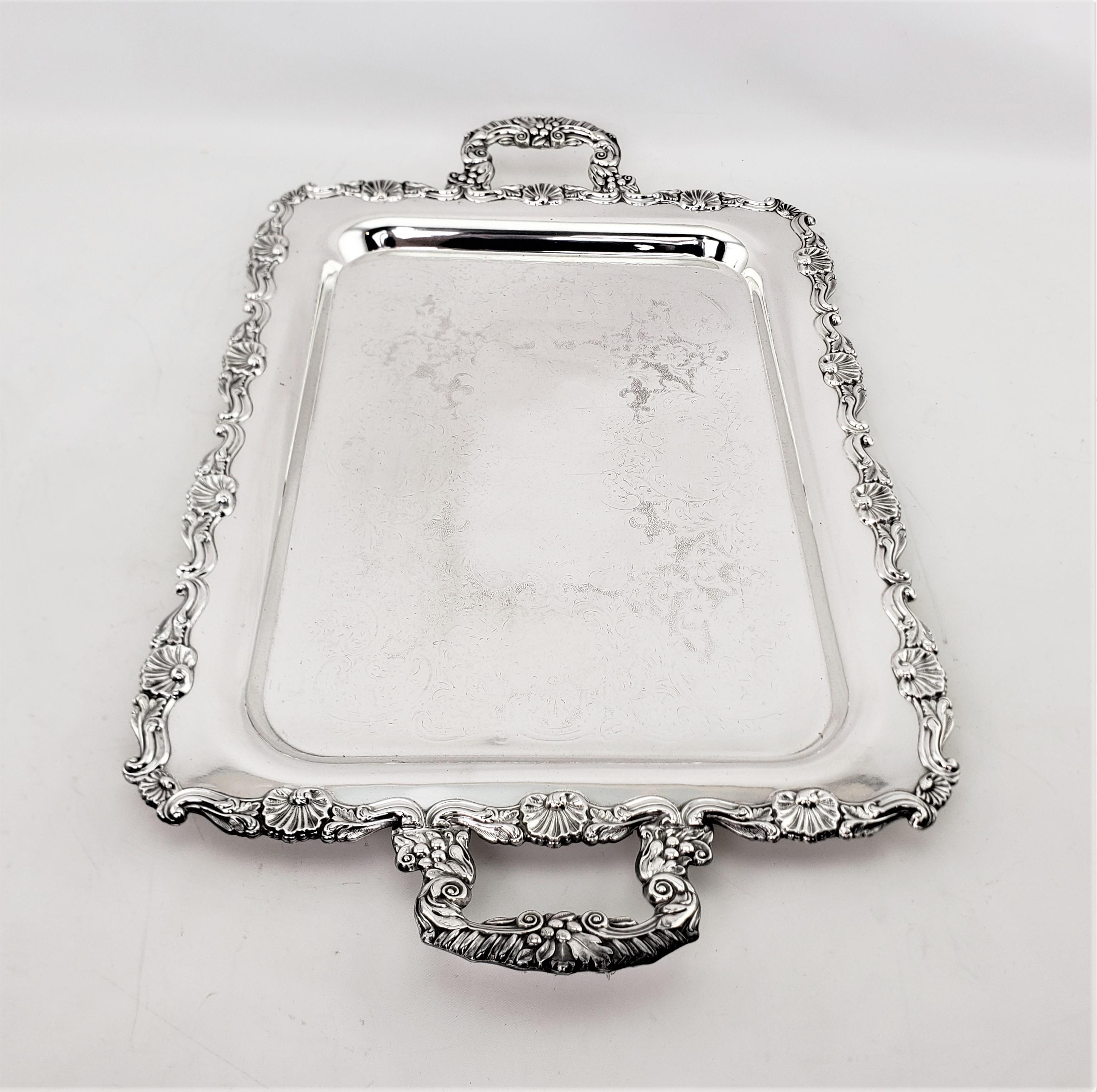 English Antique Rectangular Silver Plated Serving Tray with Stylized Floral Decoration For Sale