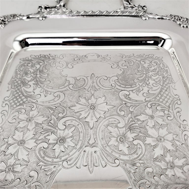 Antique Rectangular Silver Plated Serving Tray with Stylized Rope