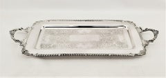 Antique Rectangular Silver Plated Serving Tray with Stylized Rope Decoration