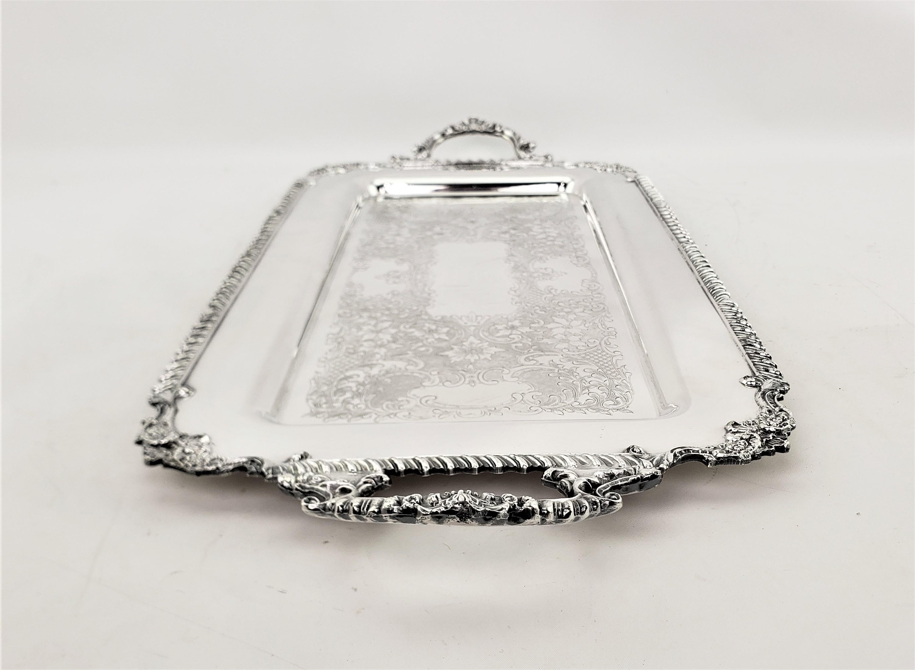 English Antique Rectangular Silver Plated Serving Tray with Stylized Rope Decoration For Sale