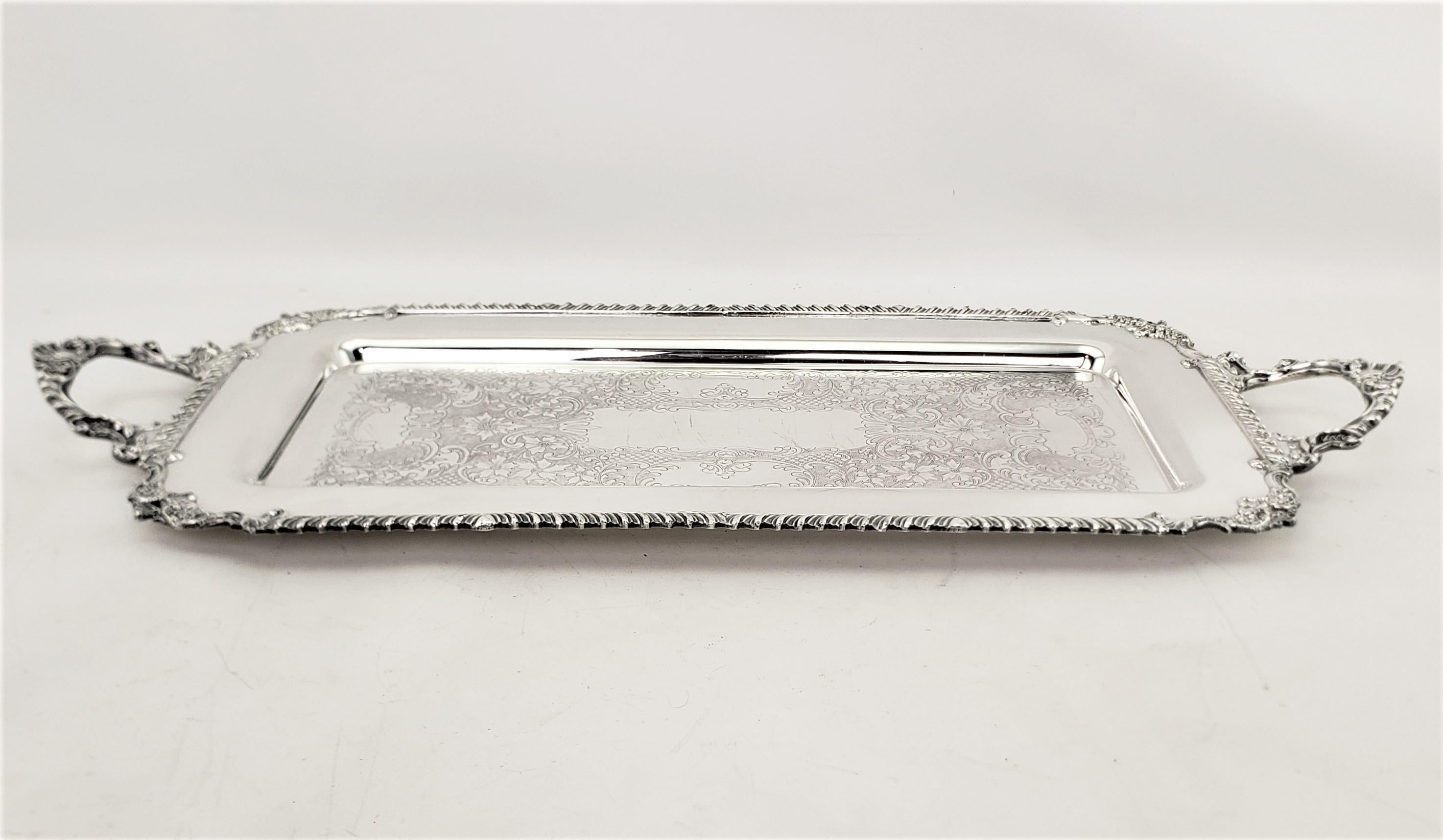 Machine-Made Antique Rectangular Silver Plated Serving Tray with Stylized Rope Decoration For Sale