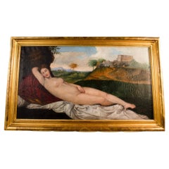 Antique Recumbent Nude Oil Painting in Giltwood Frame by E. Muller