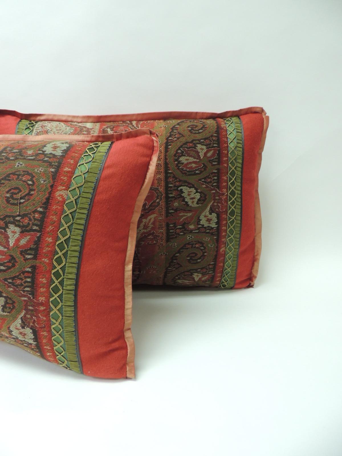 Hand-Crafted Antique Red and Black Kashmir Paisley Lumbar Decorative Pillow