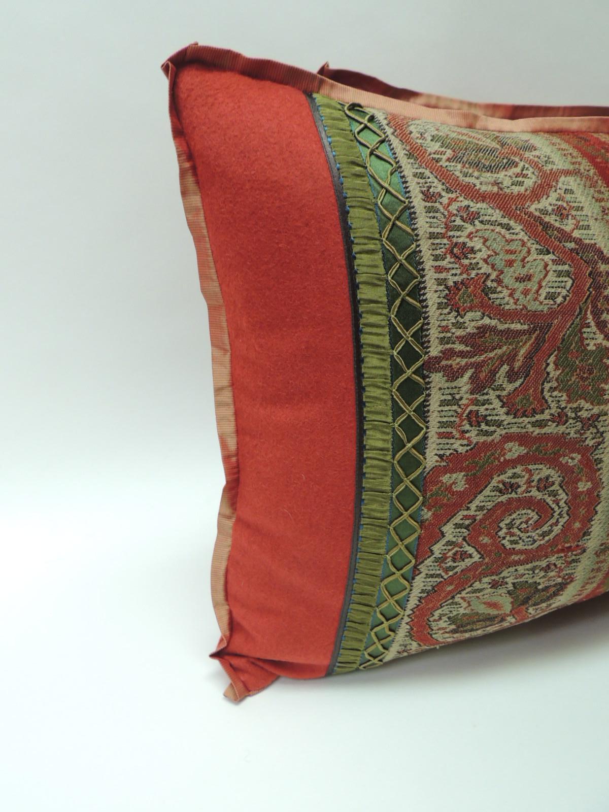Antique Red and Black Kashmir Paisley Lumbar Decorative Pillow In Good Condition In Oakland Park, FL
