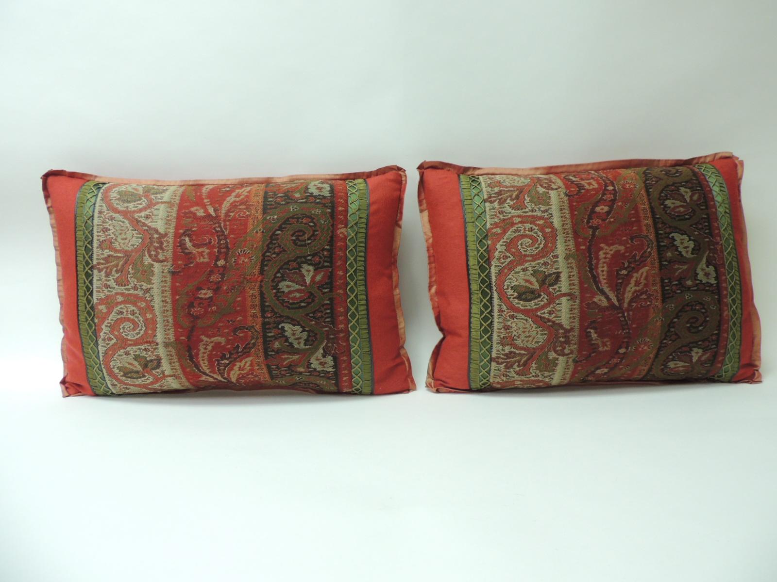 19th Century Antique Red and Black Kashmir Paisley Lumbar Decorative Pillow