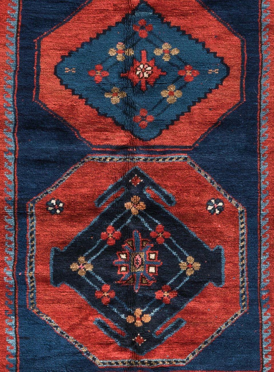 Hand-Woven Antique Red and Blue Caucasian Tribal Kazak Rug, circa 1930s For Sale